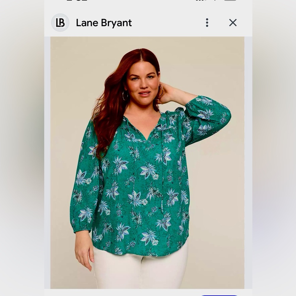 Lane Bryant Popover Split-neck Teal Floral Blouse. Size 14